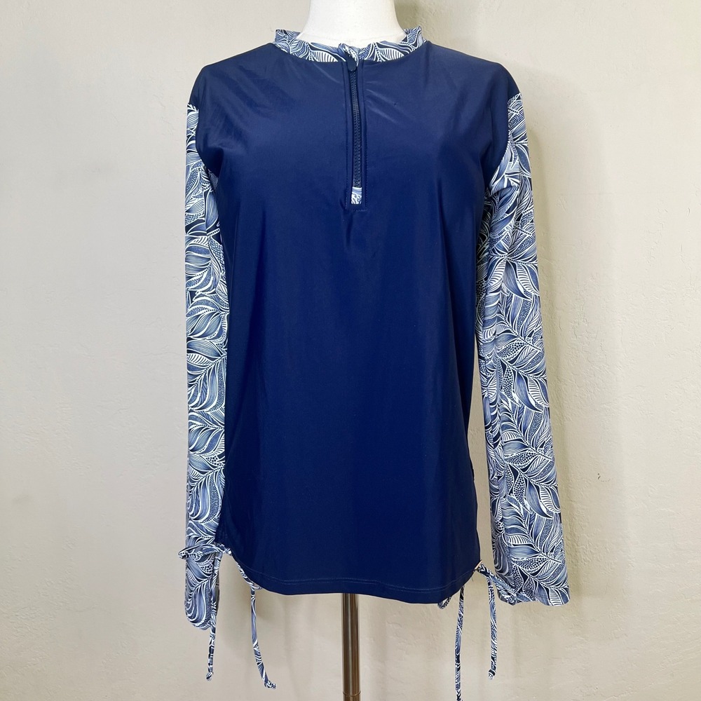 Nicole Miller Swimwear Coverup Large Navy Blue Floral Long Sleeve Rash Guard NEW